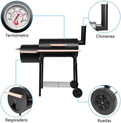 44" Charcoal Grill Offset Smoker, Outdoor BBQ Smoker with Side Fire Box, High-Temp Paint Charcoal Furnace with Thermometer, Wooden Shelf & 2 Wheels for Backyard Cooking, Camping, Picnic, Black