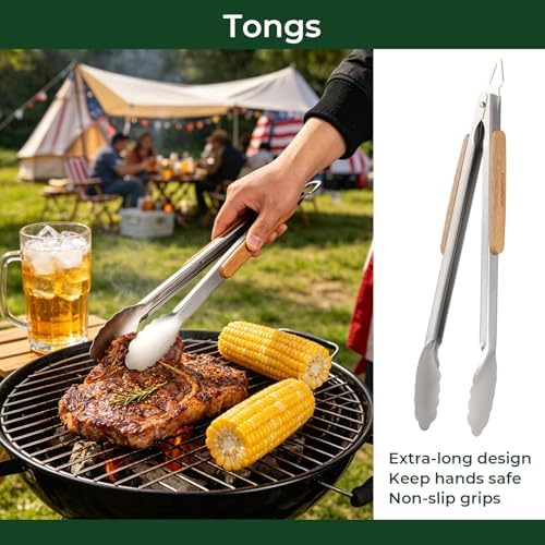 3Pc Wooden BBQ Tool Set, Heavy Duty Spatula, Fork & Tongs - Image 5