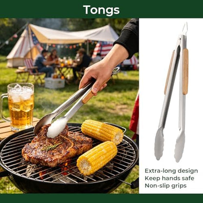 3Pc Wooden BBQ Tool Set, Heavy Duty Spatula, Fork & Tongs - Image 5