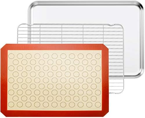 Baking Sheet with Cooling Rack and Silicone Baking Mat, 20 Inch Stainless Steel by BASTWE