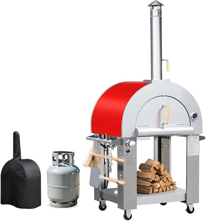 KOSTCH 32.5 inch Wood Fired and Propane Gas Pizza Oven for Outdoor Kitchen in Stainless Steel, Large Pizza Oven for Outside, Yard and Party (Red with Cover)