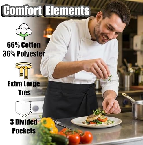 TOSHE Waist Apron 3 Pockets Waterdrop Resistant Cotton Server - Image 3
