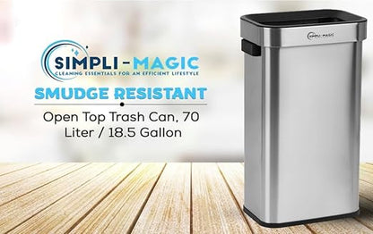 SIMPLI-Magic 18.5 Gallon (70L) Open Top Trash Can – Rectangular Commercial Trash Can – Smudge-Resistant, Easy to Clean, Non-Skid Base, Brushed Stainless Steel