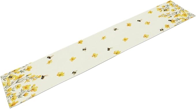 Yellow Wild Flowers Table Runner, Rustic Farmhouse Watercolor Daisy Floral Branches Bees Print Table Runner for Kitchen Dining Room Party Picnic Table Decor, 13x60inch