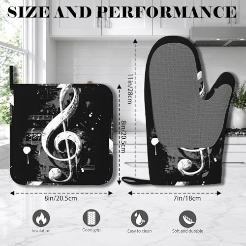 Black Notes Oven Mitts and Pot Holders Sets Non-Slip Silicone Surface - Image 2