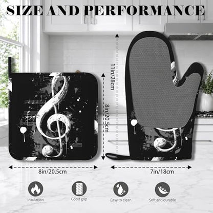 Black Notes Oven Mitts and Pot Holders Sets Non-Slip Silicone Surface - Image 2