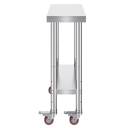 VEVOR Stainless Steel Work Table 30 x 12 x 34 Inch, 700 LBS Load Capacity with 4 Wheels, 3 Adjustable Height Levels, Heavy Duty Food Prep Worktable for Commercial Kitchen Restaurant, Silver