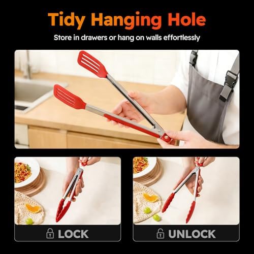 HST Non Stick Silicone Kitchen Tongs, 3 Pack 12 Inch Red BBQ Cooking Baking - Image 4