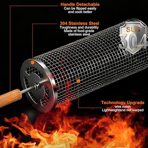Rolling Grill Basket 2 Pack, Stainless Steel BBQ Grilling Cage - Image 4