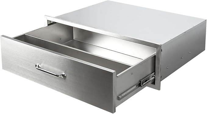 Outdoor Kitchen Drawers 30" W x 10" H x 23" D Flush Mount BBQ Single Drawers with Divider,Built-in Stainless Steel Drawer with Chrome Handle for Outdoor Kitchen Island Patio Grill Station
