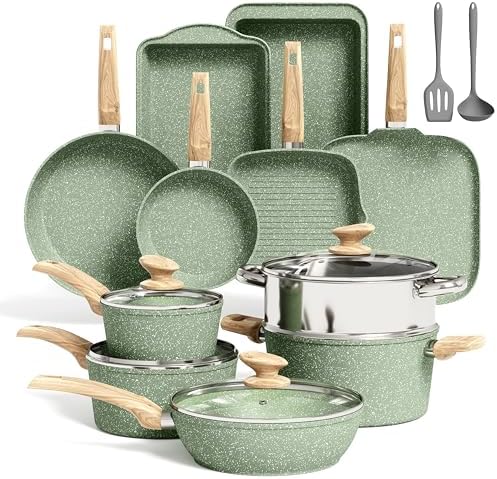 Kitchen Academy 17Pcs Green Induction Cookware Set, Nonstick Pots and Pans by KITCHENACADEMYBETTERLIVINGTHROUGHCOOKINGPERFECTION