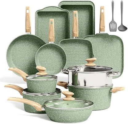 Kitchen Academy 17Pcs Green Induction Cookware Set, Nonstick Pots and Pans by KITCHENACADEMYBETTERLIVINGTHROUGHCOOKINGPERFECTION