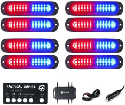 Xprite Red Blue LED Surface Mount Strobe Police Lights Kit, w/Control Panel Emergency Safety Warning Flashing Grille Cop Marker Light Assembly for Vehicles Trucks ATV UTV Motorcycle 8PCS