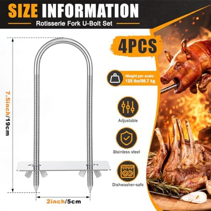 4 Pcs Steel Rotisserie Fork U Bolt Adjustable Spit Rod, 7.5" L - Image 2