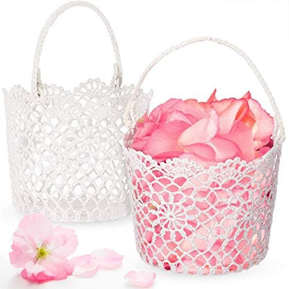 WILLBOND 4pcs White Flower Girl Basket with Handle for Wedding Ceremony, 5.9 x 4.72 x 4.33 Inch