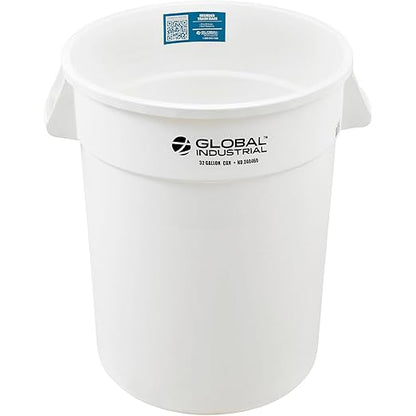 Global Industrial Commercial Round Trash Can, 32 Gallon Capacity, Plastic Garbage Can, Indoor and Outdoor Utility Trash Can, White, 21-3/4"W x 27-1/2"H, No Lid