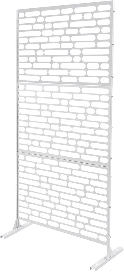 75" H×35" W Decorative Outdoor Privacy Screen with Stand, Outdoor Decor Privacy Fence Screen Metal Fence Panels, Free Standing Metal Divider for Patio Lawn Deck (White-Oval)
