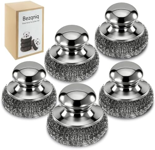 Steel Wool Scrubber with Handle, Stainless Steel, 5 Pack, by Unknown