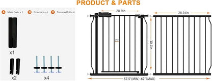 HOOEN 30" Tall Extra Wide Baby Gate for Stairs Doorways 57.5 to 62 Inch Large Long Dog Gates Tension Baby Gate Walk Through Child Gates for Kids or Pets Indoor Safety Gates