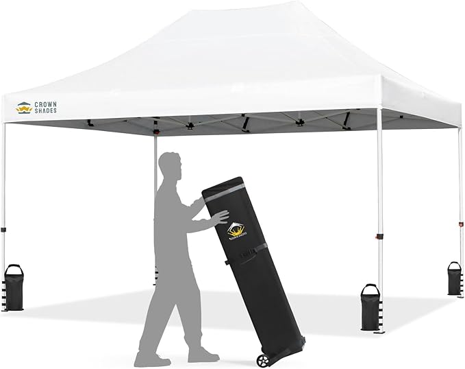 CROWN SHADES 10x15 Pop Up Canopy Tent, Thicken Frame Commercial Heavy Duty Tent, 8 Stakes & 4 Sandbags & 4 Ropes, Outdoor Canopies for Events, Parties,White