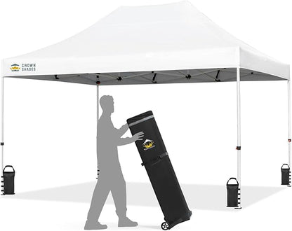CROWN SHADES 10x15 Pop Up Canopy Tent, Thicken Frame Commercial Heavy Duty Tent, 8 Stakes & 4 Sandbags & 4 Ropes, Outdoor Canopies for Events, Parties,White