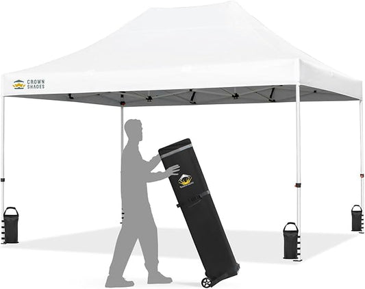 CROWN SHADES 10x15 Pop Up Canopy Tent, Thicken Frame Commercial Heavy Duty Tent, 8 Stakes & 4 Sandbags & 4 Ropes, Outdoor Canopies for Events, Parties,White