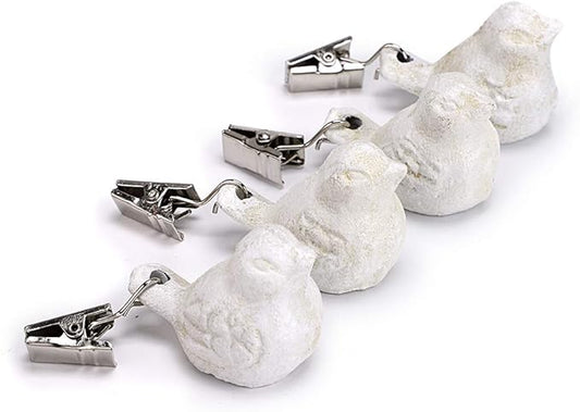 OwnMy Set of 4 White Tablecloth Weights Clip on, Heavy Duty Pendant Tablecloth Weights Kit with Cast Iron Antique Birds, Flag Weights Clips for Outdoor Garden Party Picnic Tablecloths