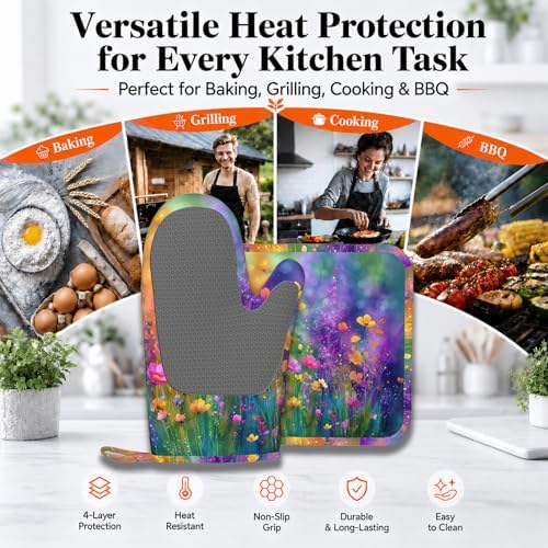 Wild Lavender Oven Mitts and Pot Holders Sets Silicone Heat Resistant Kitchen - Image 3