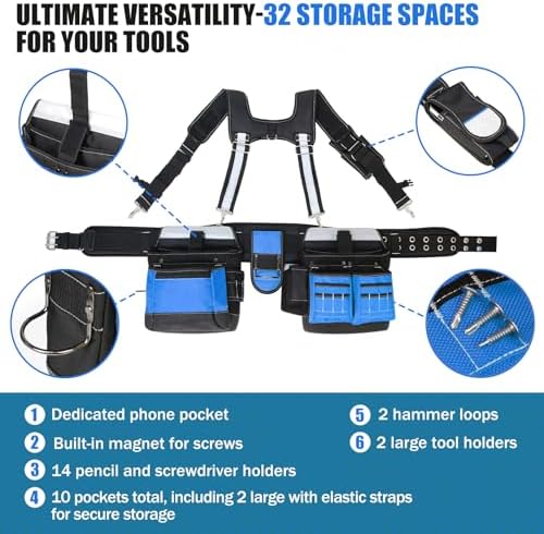 Tool Belt with Suspenders for Men, Heavy Duty Construction Tool Belt with 32 - Image 2