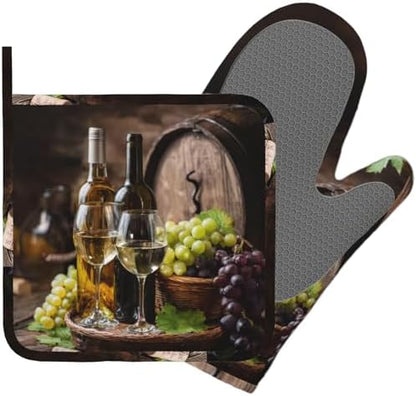 Wine and Barrels Oven Mitts and Pot Holders Sets Non-Slip Silicone Surface by Unknown