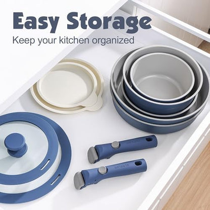 SENSARTE 24 Piece Ceramic Detachable Handle Pots and Pans Set Navy - Image 3