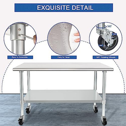 HARDURA Stainless Steel Table with Wheels 24 x 48 Inches Casters NSF Heavy Duty Commercial Work & Prep Table with Undershelf and Galvanized Legs for Restaurant Kitchen Bar and Hotel Garage