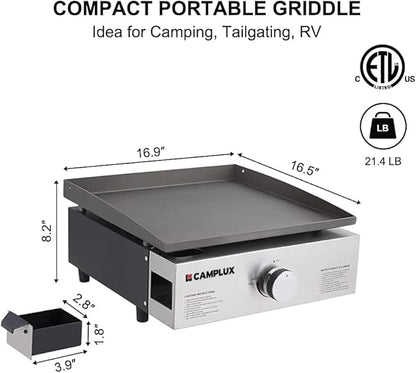 Camplux Propane Gas Grill,Flat Top Grill Station for Kitchen,Camping,Outdoor,Tabletop -Stainless Steel BBQ Griddle with Knobs & Ignition,17inch