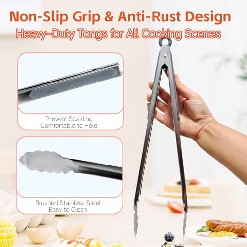 Stainless Steel BBQ Grill Tongs Set of 3, 9/12/14 Inch Locking Tongs - Image 5