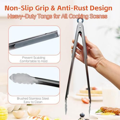 Stainless Steel BBQ Grill Tongs Set of 3, 9/12/14 Inch Locking Tongs - Image 5