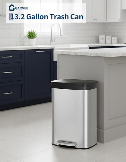 Garvee 16 gal / 60 L Stainless Steel Trash Can with Lid, Large Garbage Can for Kitchen, Rustproof Step-on Kitchen Metal Trash Bin with Liner Rim, Rear Handle, Soft Close Plastic Lid, Silver