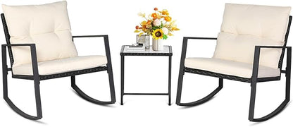 SUNCROWN 3 Piece Outdoor Rocking Bistro Set Black Wicker Furniture Porch Chairs by HOME