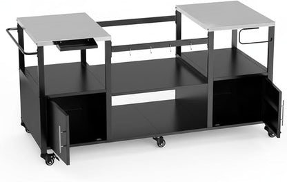 Heavy-Duty Outdoor Grill Cart with Stainless Steel Top, Rolling BBQ Prep Station Table for Large Ceramic Grills & Smokers, 67-Inch Metal Grill Stand with 2 Storage Cabinets, 6 Wheels, Black
