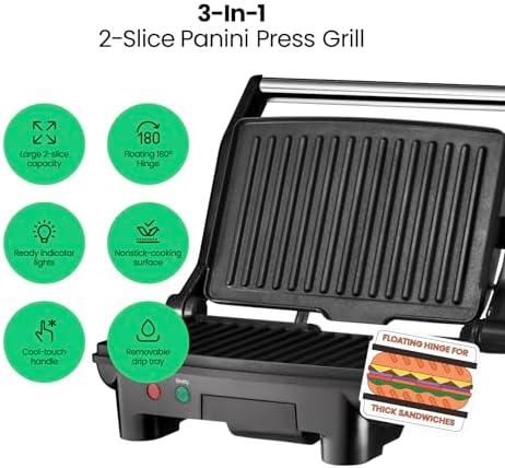 Chefman Electric Panini Press Grill, Compact 2-Slice Sandwich Maker, Non-Stick - Image 2