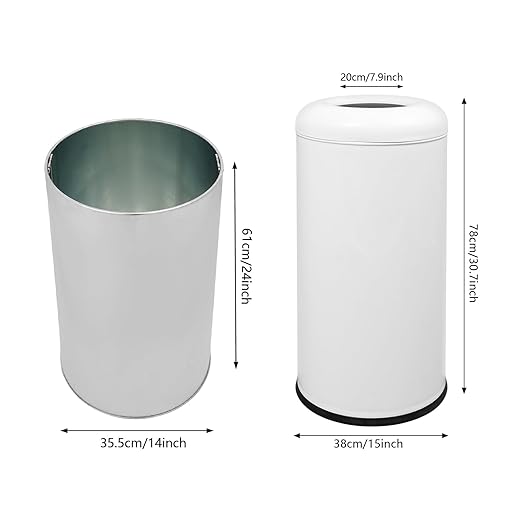 15.5 Gallon Commercial Trash Can, Round Open Top Waste Bin for Indoor and Outdoor, Stainless Steel Trash Bin with Lid, Durable Metal Garbage Can for Restaurant, Kitchen, Office, White