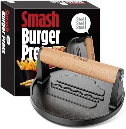 Pisol Pre-Seasoned Cast Iron Smash Burger Press, 2 lb Meat Press Tool 6.6” by Pisol