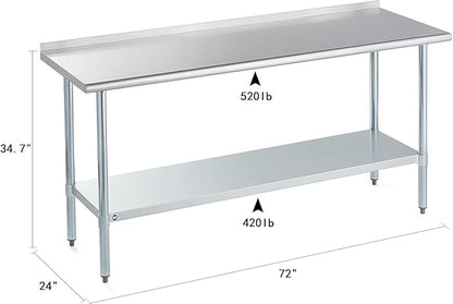 Stainless Steel Table for Prep & Work with Backsplash 24x72 Inches