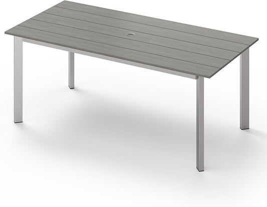 67" Rectangle HDPS Patio Dining Table, Aluminum Outdoor Patio Dining Table with Umbrella Hole, Weather-Resistant for Lawn, Garden, Yard, Poolside and Indoor Use (Gray & Teak)