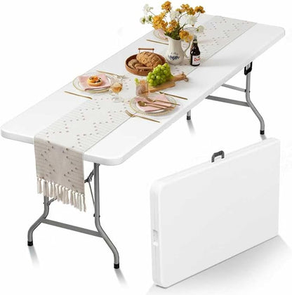HLPB Folding Table Picnic Table, 8 ft Portable Camping Table with Handle and Safety Locks, Foldable Table Plastic Dining Table Indoor Outdoor for Camping, Picnic and Party