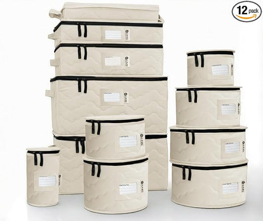 China Storage Hard Shell Containers 12-Piece Set Moving Boxes for Dinnerware, Glasses, Plates, Mugs and Saucers Sturdy Dish Organizer with Dividers for Seasonal Storage - Service for 12 -Beige Quilted