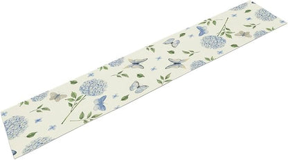 Spring Hydrangea Table Runner, Summer Moth Watercolor Sky Blue Butterfly Flowers Rustic Farmhouse Garden Print Table Cover for Kitchen Dining Room Table Home Party Decor,13x60inch