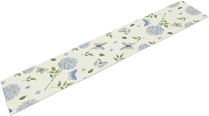 Spring Hydrangea Table Runner, Summer Moth Watercolor Sky Blue Butterfly Flowers Rustic Farmhouse Garden Print Table Cover for Kitchen Dining Room Table Home Party Decor,13x90inch
