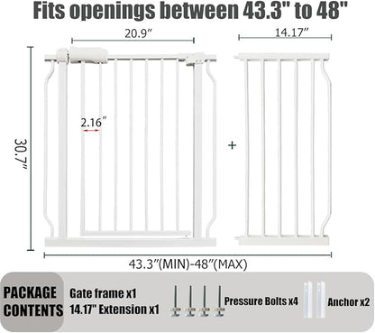 Extra Wide Baby Gate - 43.3-48 Inch Tension Mounted Safety Child & Pet Gate - White Metal - Walk Through - Long - for House Doorways & Stairs