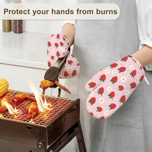 Strawberry Groovy Floral Oven Mitts and Pot Holders Set of 4, Kitchen Glove - Image 6
