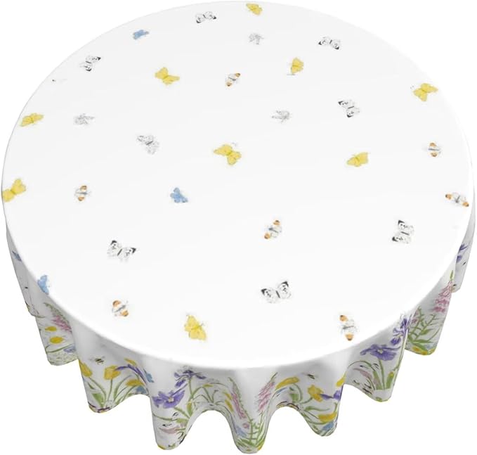 Spring Easter Round Tablecloth 60 Inch, Bunny Colorful Flower Butterfly Decorative Tablecloths Stain Resistance Polyester Rabbit Floral Table Cloth for Holiday Parties Kitchen Dining